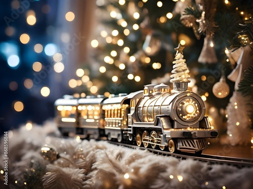 Miniature Locamotive Train Set In A Snowy Christmas Holiday Setting. Generative AI. photo