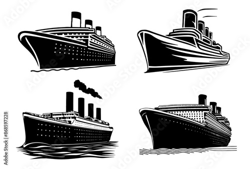 Silhouette Titanic ship and maritime boat iconic collection. Set of black boats, motorboats, sailboats, maritime, cruiser, and cargo ship vector set. photo