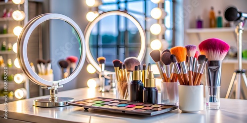 Colorful makeup brushes, cosmetic products, and ring lights surround a sleek, white vanity, capturing a stunning beauty videography setup for creative makeup tutorials. photo