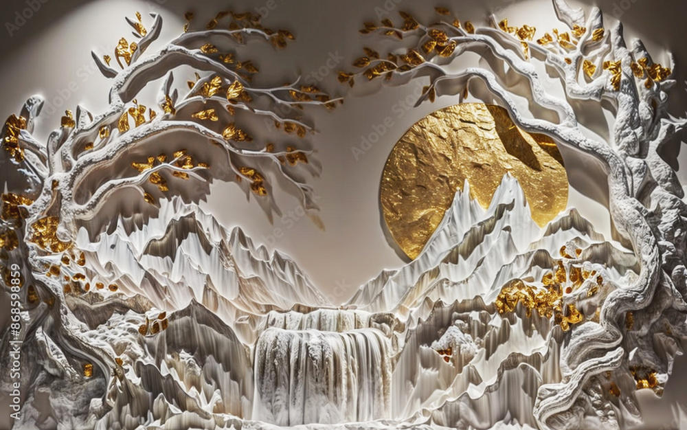 Volumetric stucco molding on a concrete wall, wall art white abstract background with golden elements, Japanese landscape, mountains, and sakura.
Volumetric stucco molding on a concrete wall, wall art white abstract background with golden elements, Japanese landscape, mountains, and sakura.