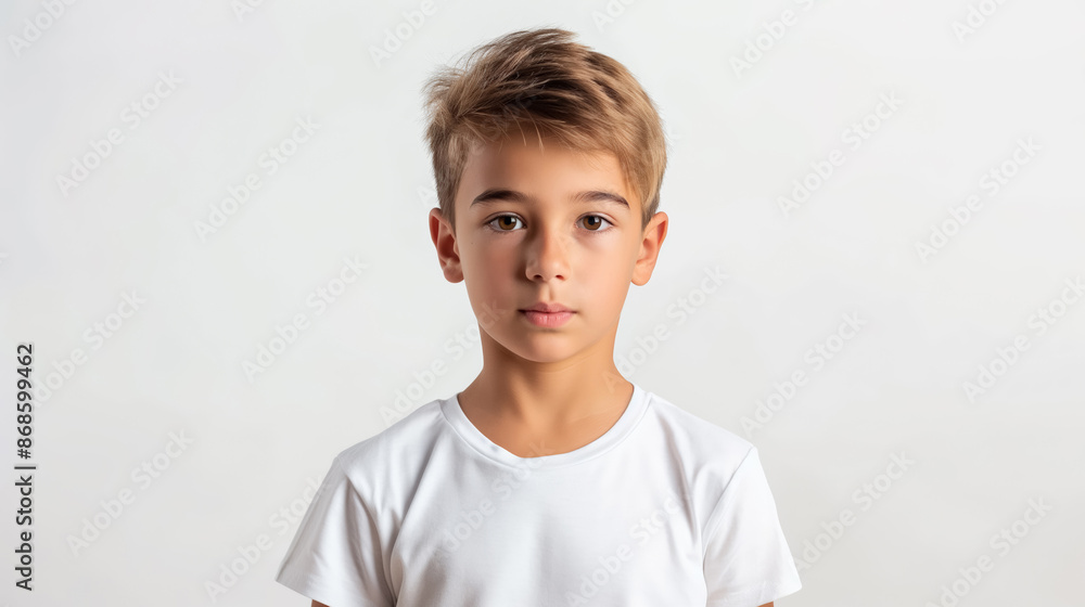 Portrait of a young boy with light brown hair, wearing a white t-shirt, looking directly into the camera against a plain background. Portrait of a young boy with light brown hair, wearing a white t-shirt, looking directly into the camera against a plain background.