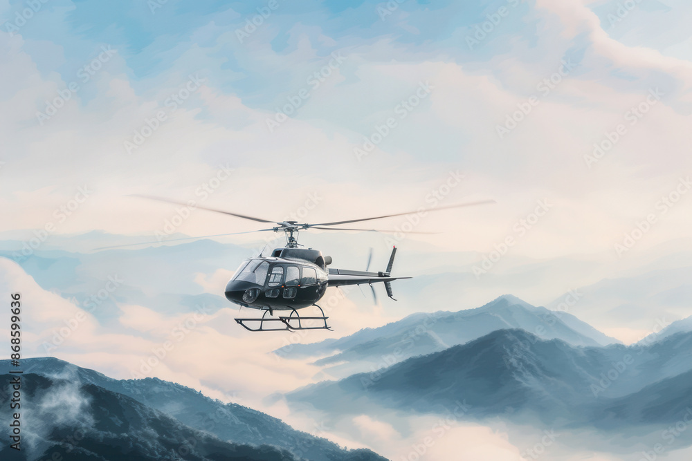 A helicopter flies above majestic mountains with a beautiful backdrop of clouds and blue sky. Scenic aerial view showcasing adventure and travel. A helicopter flies above majestic mountains with a beautiful backdrop of clouds and blue sky. Scenic aerial view showcasing adventure and travel.