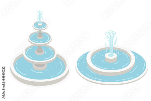 Set of two isometric fountains with water vector illustration isolated on white background