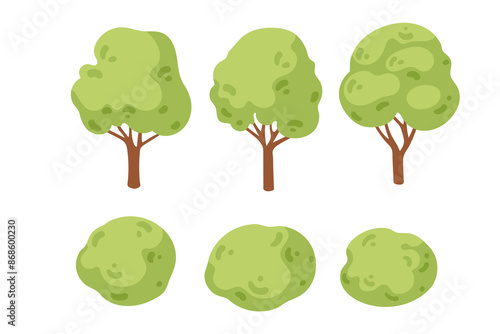 Set of simple green tree and bushes. Nature elements icon for parks vector illustration isolated on white background