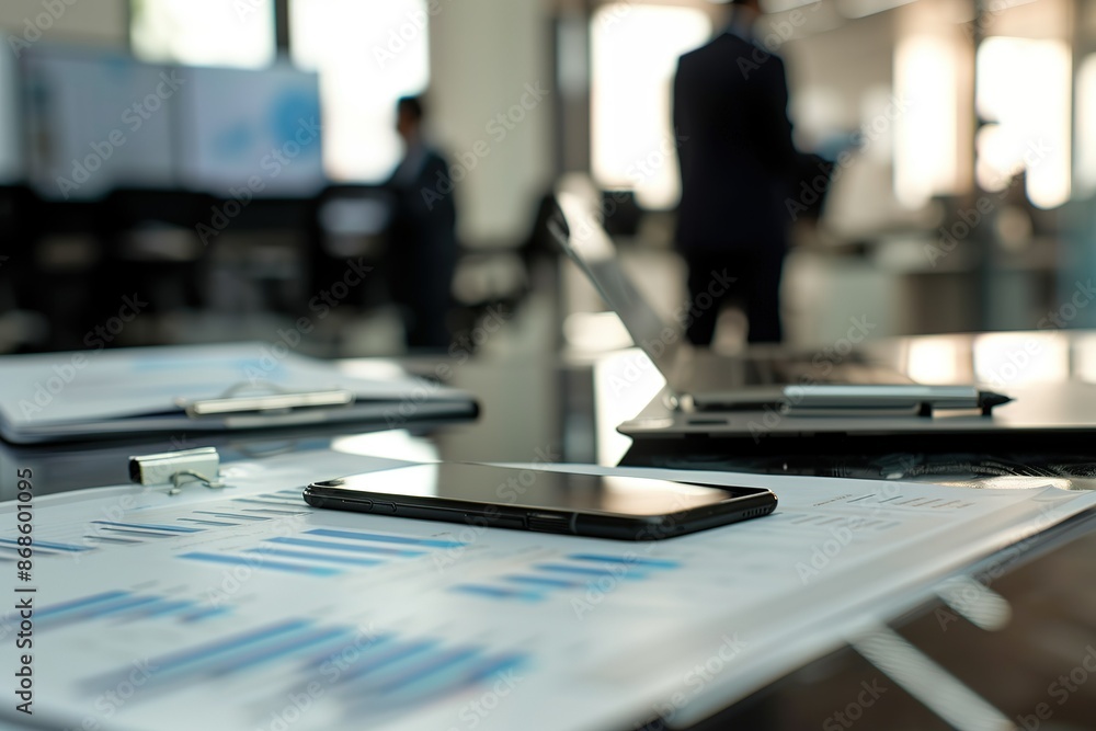 business documents on office table with smart phone and laptop and two colleagues discussing data in the background business documents on office table with smart phone and laptop and two colleagues discussing data in the background
