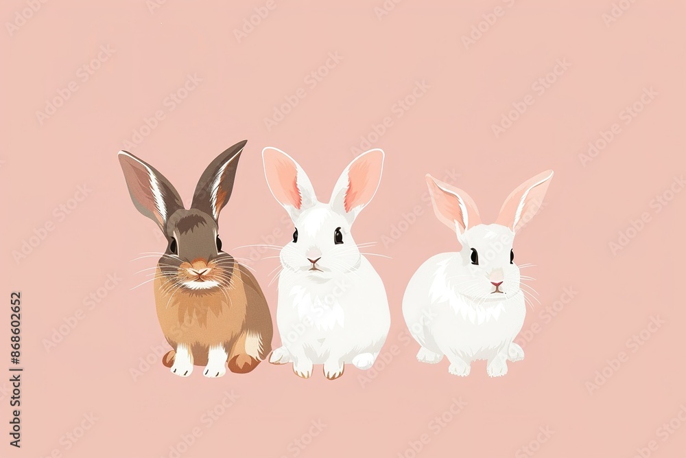 Isolated in pastel pink background, flat illustration style, with rabbits Isolated in pastel pink background, flat illustration style, with rabbits