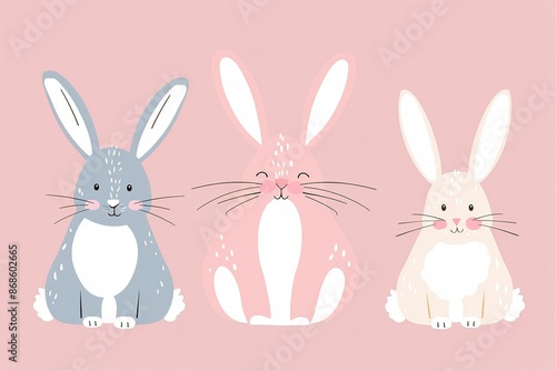 Isolated in pastel pink background, flat illustration style, with rabbits photo