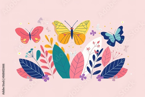 Isolated in pastel pink background, flat illustration style, with butterflies photo