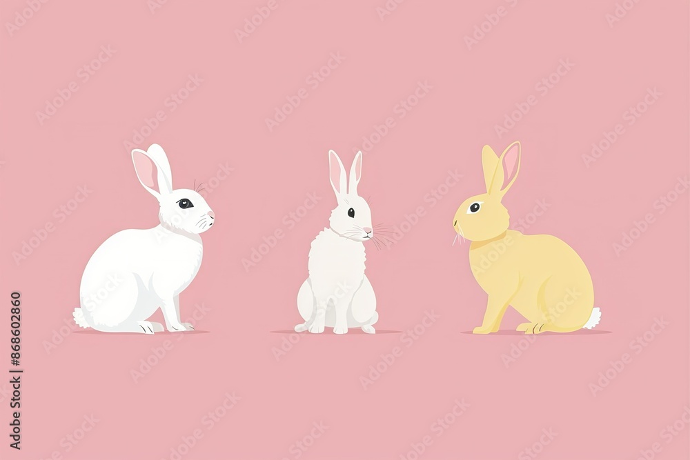Isolated in pastel pink background, flat illustration style, with rabbits Isolated in pastel pink background, flat illustration style, with rabbits