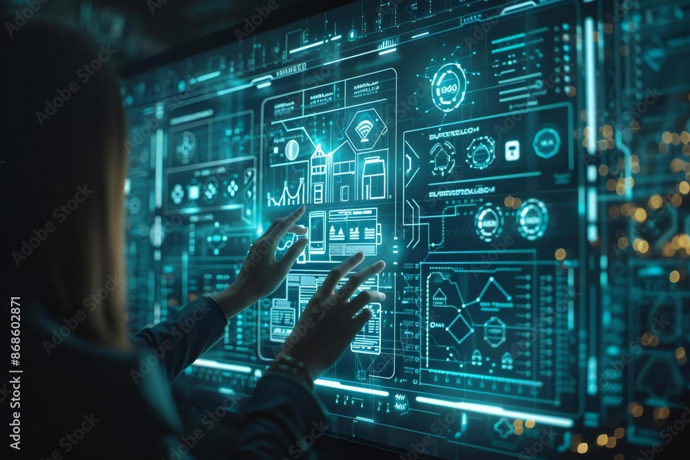 Fototapeta premium People immersed in holographic screens seek AI assistance to navigate through the confusion of real estate and mortgage options.