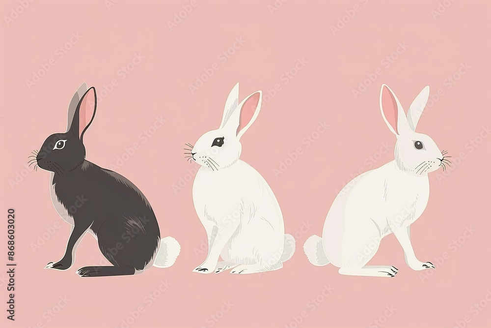 Fototapeta premium Isolated in pastel pink background, flat illustration style, with rabbits