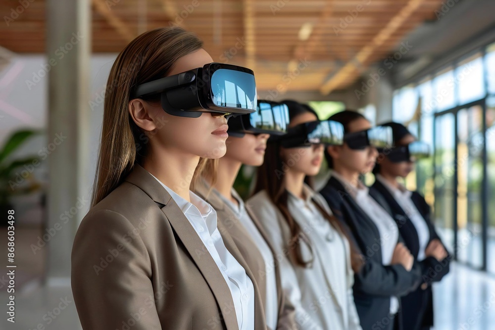 diverse team of beautiful real estate agents use augmented reality glasses to conduct a futuristic property appraisal and inspection. diverse team of beautiful real estate agents use augmented reality glasses to conduct a futuristic property appraisal and inspection.