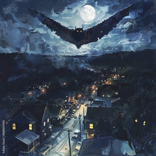 Mothman over the small American town. Illustration based on the urban legend of Point Pleasant