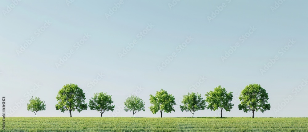 Fototapeta premium A row of trees in a field with a clear blue sky in the background