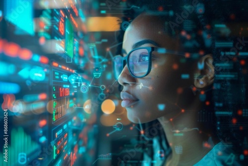 In a futuristic world, a beautiful African American woman, wearing eyeglasses, uses a holographic screen and AI-powered robots to analyze data on a KPI dashboard.