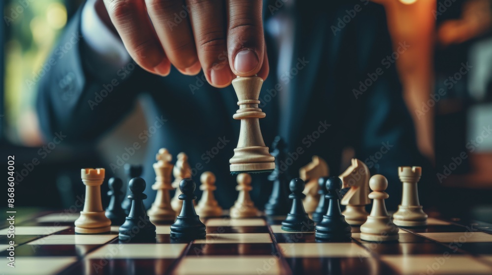 Businessman hand holding a king chess piece on a chessboard Businessman hand holding a king chess piece on a chessboard