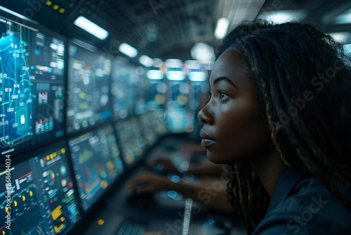 team of diverse AI developers working on holographic screens in a futuristic tech lab, featuring an African American woman with a well groomed beard, showcasing the beauty of technology