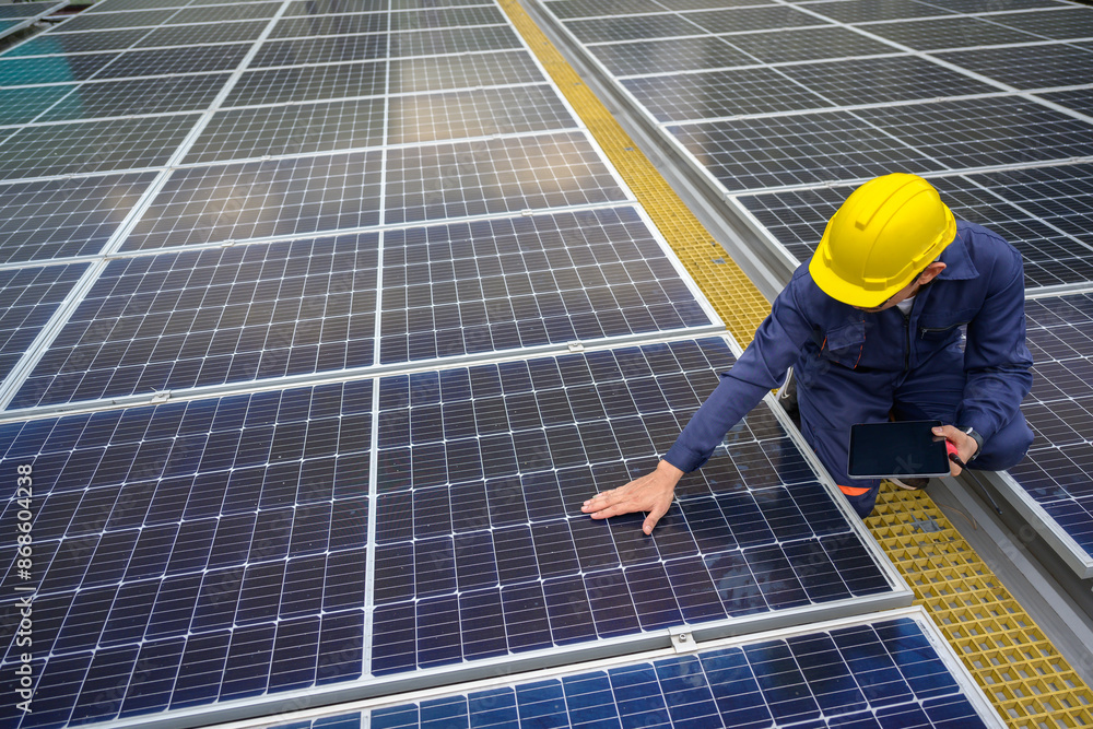 © เลิศลักษณ์ ทิพชัย - A power plant engineer installs solar panels To inspect the solar panels, engineers use tablets Technology for renewable energy and sustainability Future sources of alternative energy © เลิศลักษณ์ ทิพชัย - A power plant engineer installs solar panels To inspect the solar panels, engineers use tablets Technology for renewable energy and sustainability Future sources of alternative energy