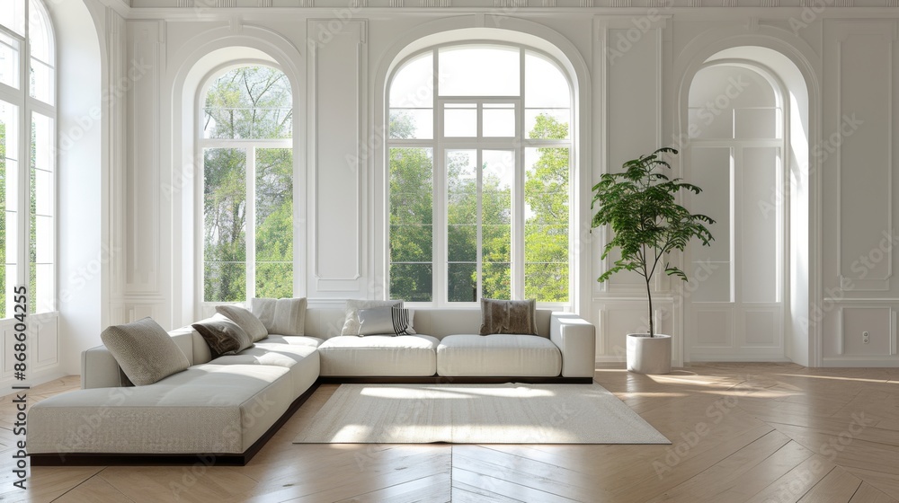A spacious living room with large windows and white walls A spacious living room with large windows and white walls