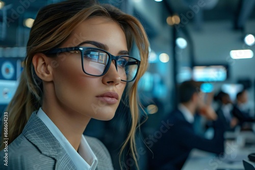 In the futuristic office, beautiful men and women wearing stylish glasses work alongside holographic screens and AI assistants to efficiently handle accounting, auditing