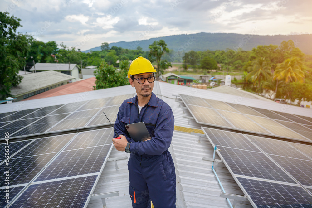 A power plant engineer installs solar panels To inspect the solar panels, engineers use tablets Technology for renewable energy and sustainability Future sources of alternative energy A power plant engineer installs solar panels To inspect the solar panels, engineers use tablets Technology for renewable energy and sustainability Future sources of alternative energy