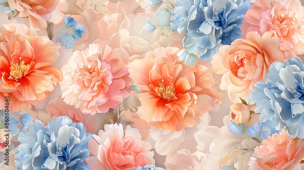 Dreamy Peach Fuzz Floral Seamless Pattern for Prints, Wallpapers, Fabric - Elegant Soft Pastel Botanical Design with Carnations, Tulips, Hydrangeas, Gradient Effects Dreamy Peach Fuzz Floral Seamless Pattern for Prints, Wallpapers, Fabric - Elegant Soft Pastel Botanical Design with Carnations, Tulips, Hydrangeas, Gradient Effects