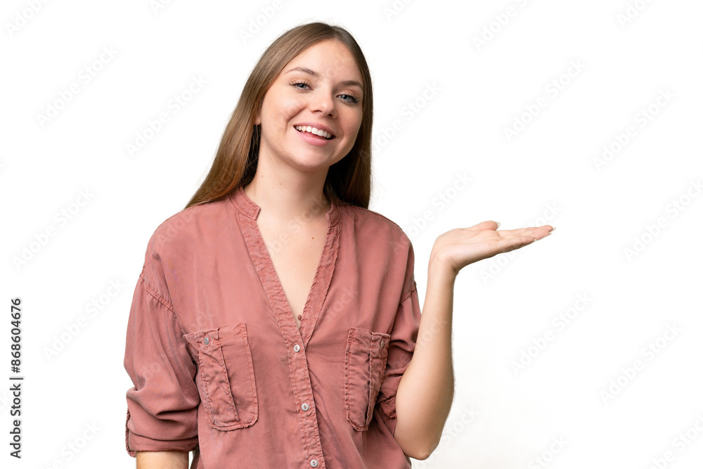 Young beautiful blonde woman over isolated background holding copyspace imaginary on the palm to insert an ad Young beautiful blonde woman over isolated background holding copyspace imaginary on the palm to insert an ad