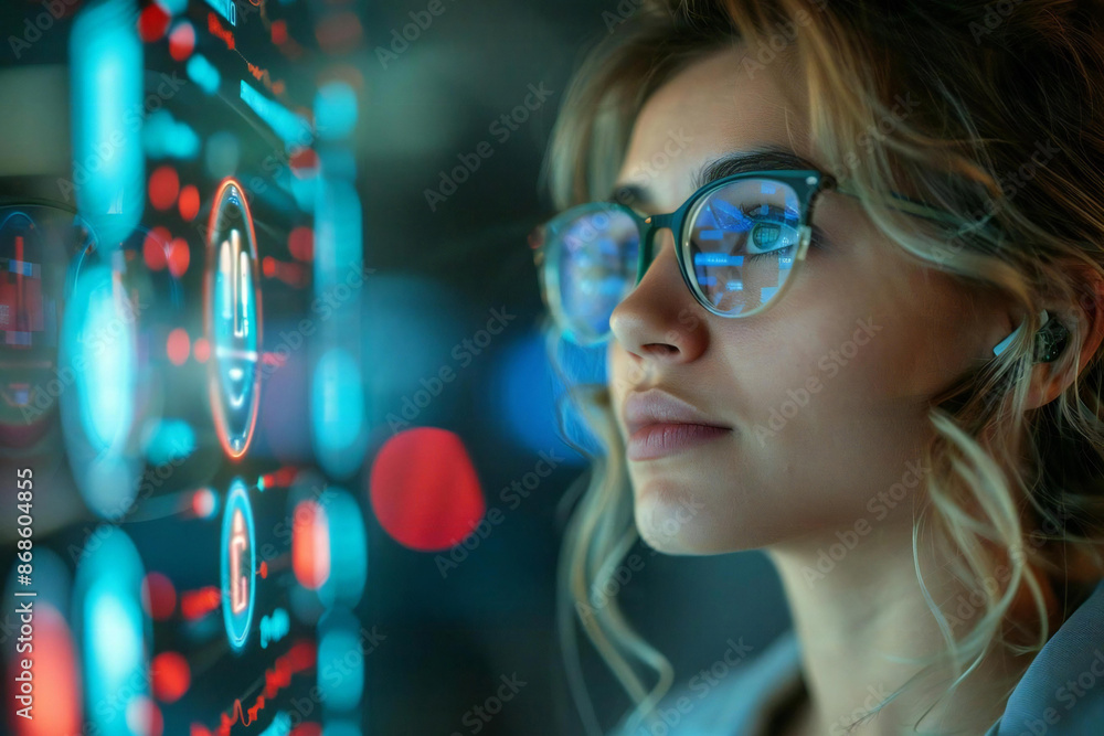 Futuristic holographic screens transform the legal office setting, allowing beautiful individuals wearing eyeglasses to navigate a complex network of employment health coverage claims Futuristic holographic screens transform the legal office setting, allowing beautiful individuals wearing eyeglasses to navigate a complex network of employment health coverage claims