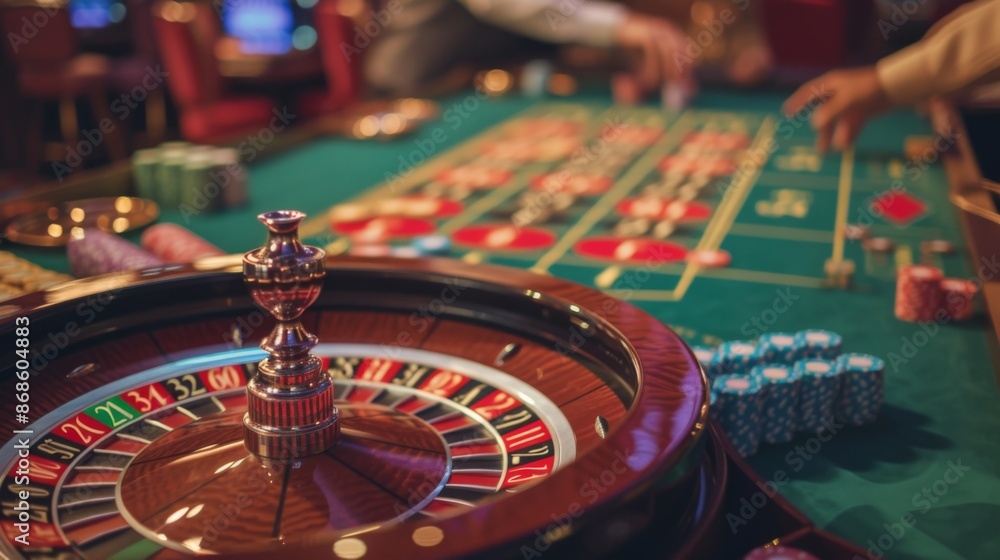 An exciting scene from a casino focusing on the gameplay at a roulette table An exciting scene from a casino focusing on the gameplay at a roulette table