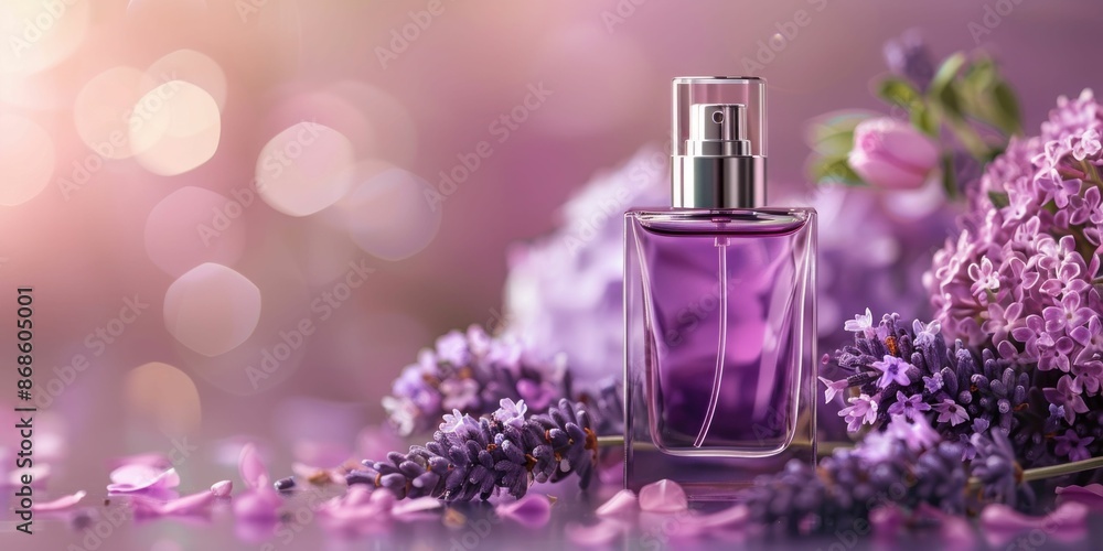 Elegant Perfume Bottle with Purple Flowers. Generative ai Elegant Perfume Bottle with Purple Flowers. Generative ai