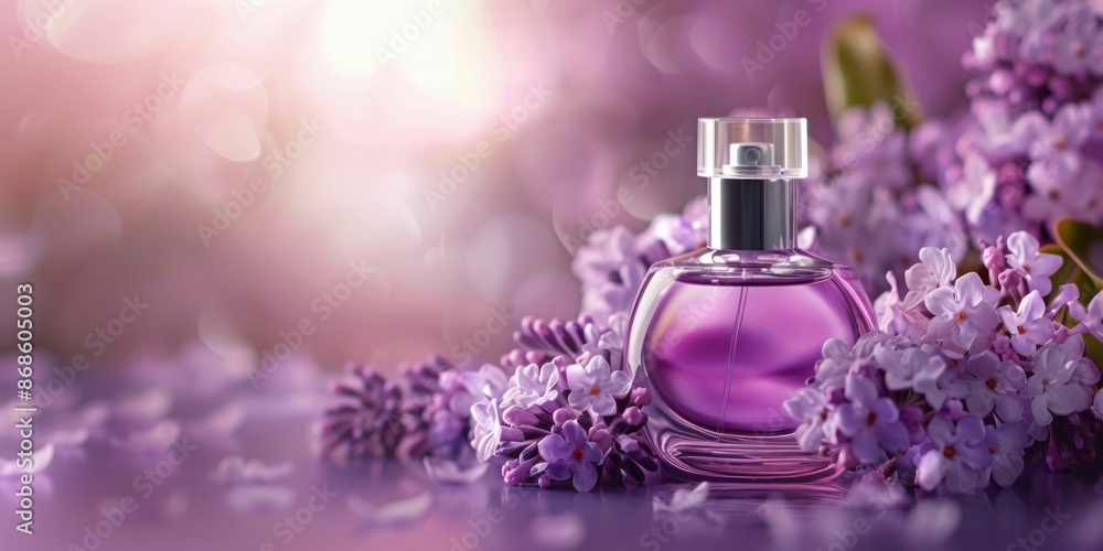 Elegant Perfume Bottle with Purple Flowers. Generative ai Elegant Perfume Bottle with Purple Flowers. Generative ai
