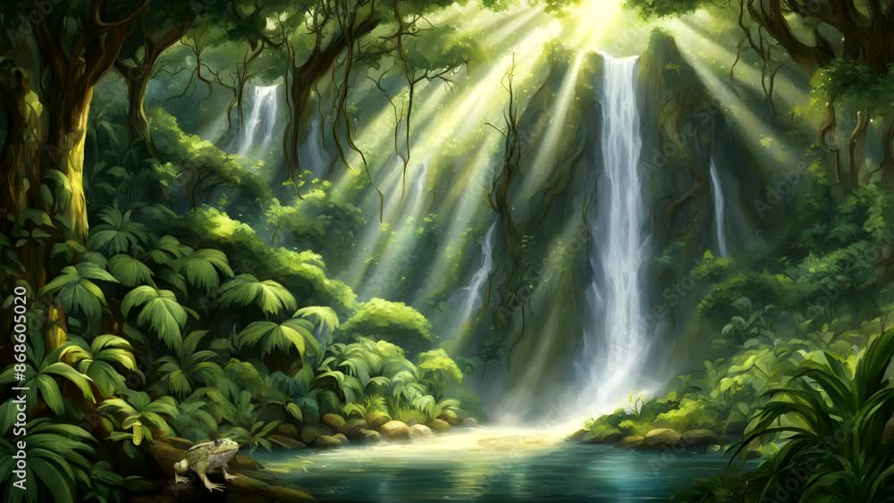 In the middle of a lush forest, a waterfall cascades down. Sunlight penetrates through the cracks in the leaves, there are frogs Seamless looping 4k time-lapse animation video background In the middle of a lush forest, a waterfall cascades down. Sunlight penetrates through the cracks in the leaves, there are frogs Seamless looping 4k time-lapse animation video background