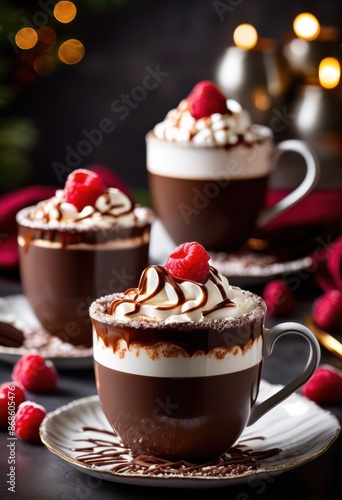 decadent gourmet hot chocolate fluffy whipped cream swirls top, delicious, dessert, tasty, beverage, creamy, luxury, indulgent, rich, smooth, cozy, winter