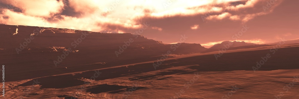 Naklejka premium Mars, the surface of another planet at sunset, Martian landscape, panorama of Mars, 3D rendering
