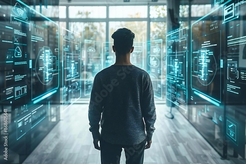 Man in stylish minimalist office surrounded by holographic screens displaying AI assistance to help manage overwhelming paperwork and bureaucracy stress.