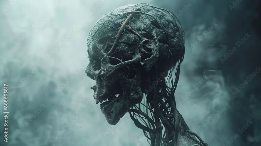 A skull with a twisted face and a lot of hair A skull with a twisted face and a lot of hair