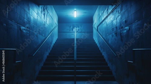 A dark stairwell with a blue light shining down on it photo