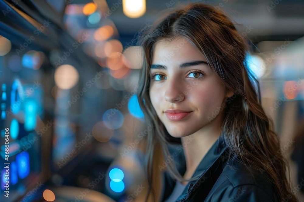 Young businesswoman with holographic screens multitasking with the help of AI robots in her futuristic office environment. Young businesswoman with holographic screens multitasking with the help of AI robots in her futuristic office environment.