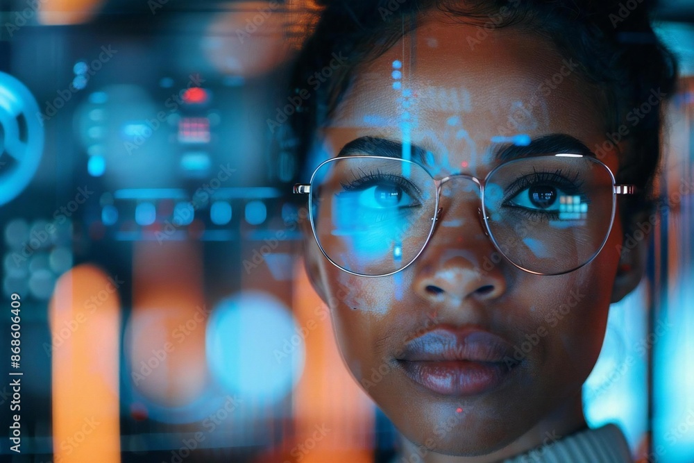 Beautiful African American woman wearing eyeglasses and a well-groomed beard using holographic screens in a futuristic office with AI assistants. Beautiful African American woman wearing eyeglasses and a well-groomed beard using holographic screens in a futuristic office with AI assistants.