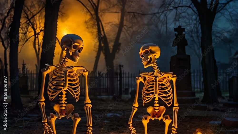 glowing skeletons stand in a dark graveyard surrounded by candles. Halloween background glowing skeletons stand in a dark graveyard surrounded by candles. Halloween background