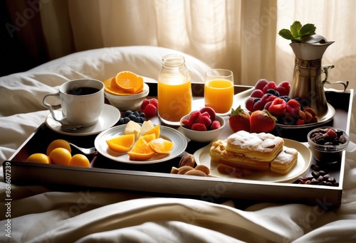 tray set breakfast bed cozy morning meal serving tray utensils, avocado, bacon, berries, bread, brunch, butter, cheese, cheddar, coffee, croissant, delicious, © Yaraslava