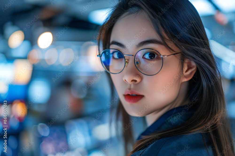 Beautiful young woman wearing eyeglasses works as a futuristic AI-powered customer service agent, using holographic screens and robots to assist customers remotely. Beautiful young woman wearing eyeglasses works as a futuristic AI-powered customer service agent, using holographic screens and robots to assist customers remotely.