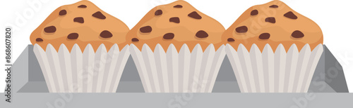 Three delicious muffins with chocolate chips are cooling down on a baking sheet