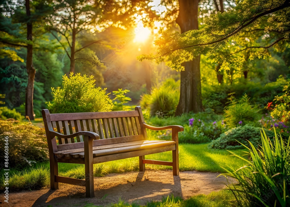 An empty wooden bench sits alone in a serene outdoor setting, surrounded by lush greenery and warm sunlight, exuding a sense of peaceful contemplation. An empty wooden bench sits alone in a serene outdoor setting, surrounded by lush greenery and warm sunlight, exuding a sense of peaceful contemplation.