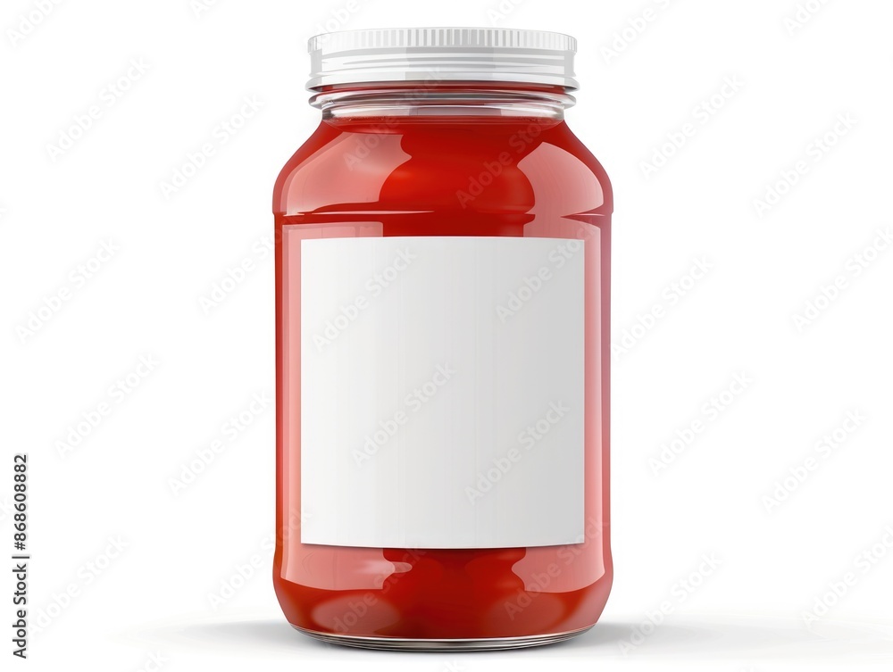 Glass Jar With Lid. Red Tomato Sauce Bottle with Blank Label, Isolated on White Background Glass Jar With Lid. Red Tomato Sauce Bottle with Blank Label, Isolated on White Background