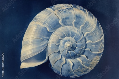 Seashell Spiral. Cyanotype Art with Snail Shell in Close-Up View
