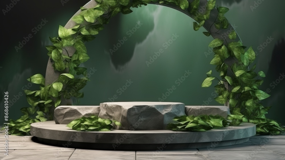 White marble podium with green leaves on dark background White marble podium with green leaves on dark background