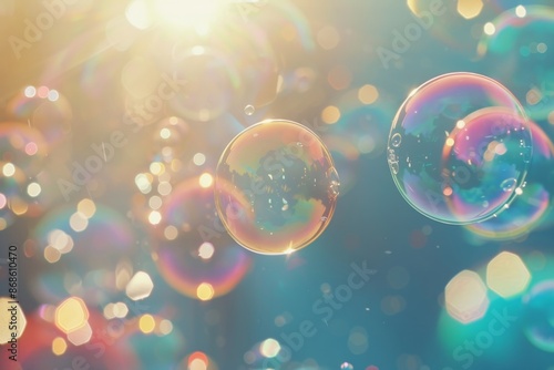 A cluster of bubbles reflecting sunlight in a garden