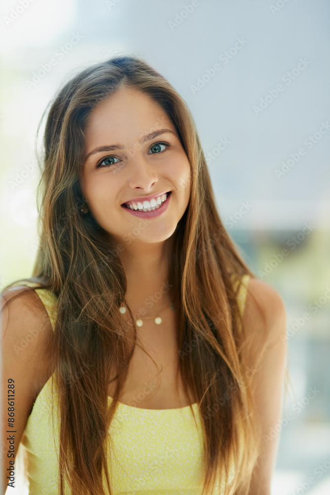 Woman, smile and happy for beauty in home, portrait and skincare, satisfaction and natural glow. Facial wellness, dermatology and cosmetic for treatment, results and self care for confidence Woman, smile and happy for beauty in home, portrait and skincare, satisfaction and natural glow. Facial wellness, dermatology and cosmetic for treatment, results and self care for confidence