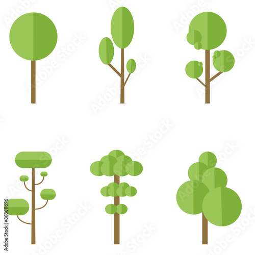 Trees for landscape design. A set of colored pictographs of trees for an architectural map, plan. Green spaces. An element highlighted in white. Vector illustration. A set for a design project